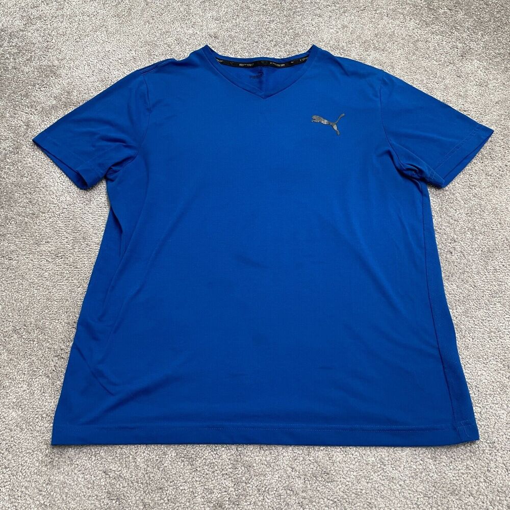 Puma Dri-Fit Active T-Shirt Mens Large Blue V-Neck Short Sleeve Athletic Tee